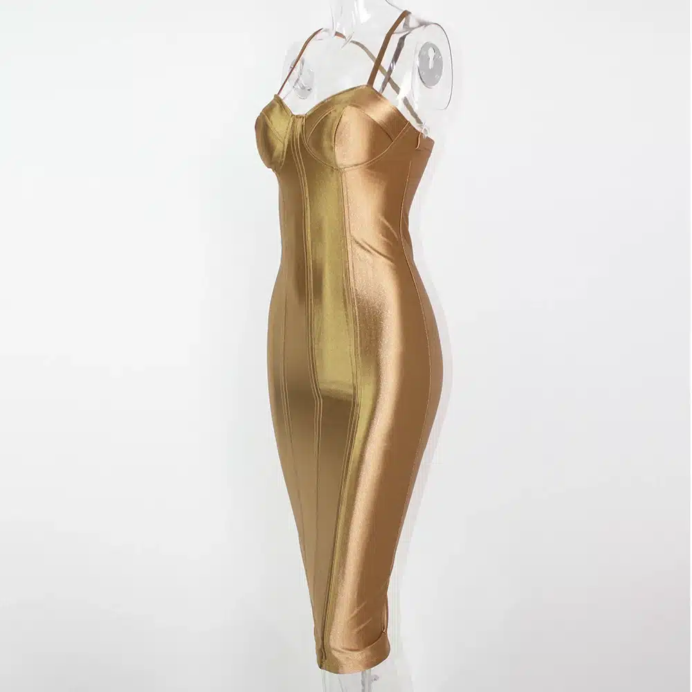 2017 Sexy Padded Bra Bodycon Midi Dress V Neck Sleeveless Split Back Cross Straps Gold Wine Red Knee length Party Dress 17