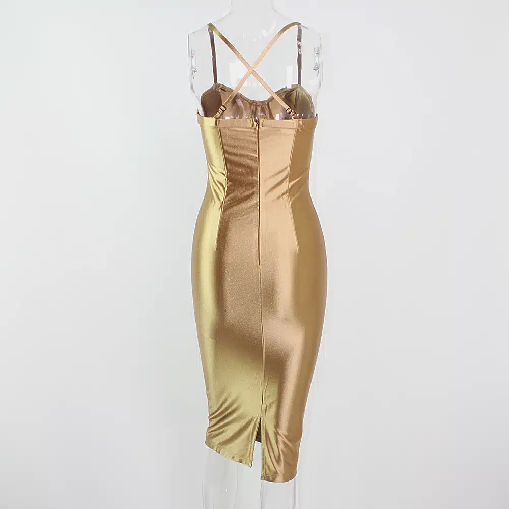 2017 Sexy Padded Bra Bodycon Midi Dress V Neck Sleeveless Split Back Cross Straps Gold Wine Red Knee length Party Dress 19