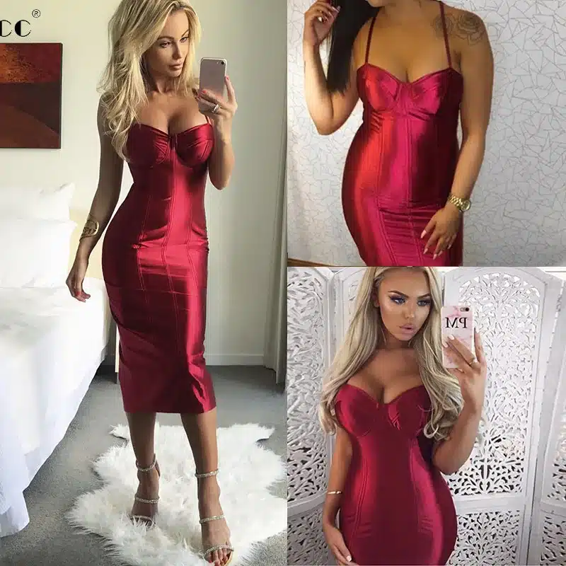 2017 Sexy Padded Bra Bodycon Midi Dress V Neck Sleeveless Split Back Cross Straps Gold Wine Red Knee length Party Dress 25