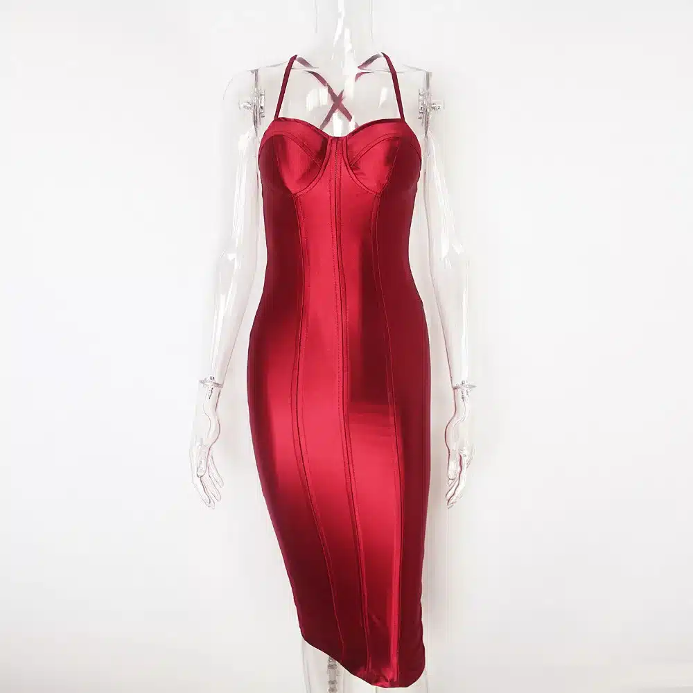 2017 Sexy Padded Bra Bodycon Midi Dress V Neck Sleeveless Split Back Cross Straps Gold Wine Red Knee length Party Dress 26