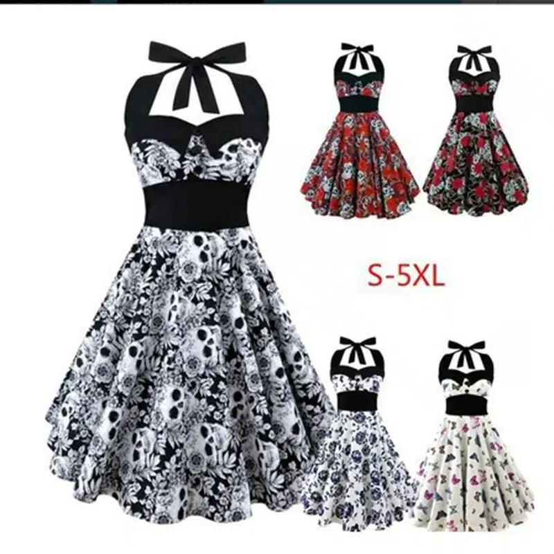 5XL Large size skull printed dress Women punk strapless halter party dresses Bowknot self gothic dress clothing Swing 1950s 60s 5