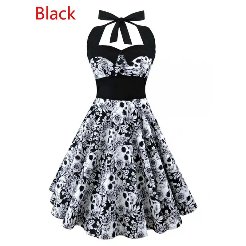 5XL Large size skull printed dress Women punk strapless halter party dresses Bowknot self gothic dress clothing Swing 1950s 60s 6