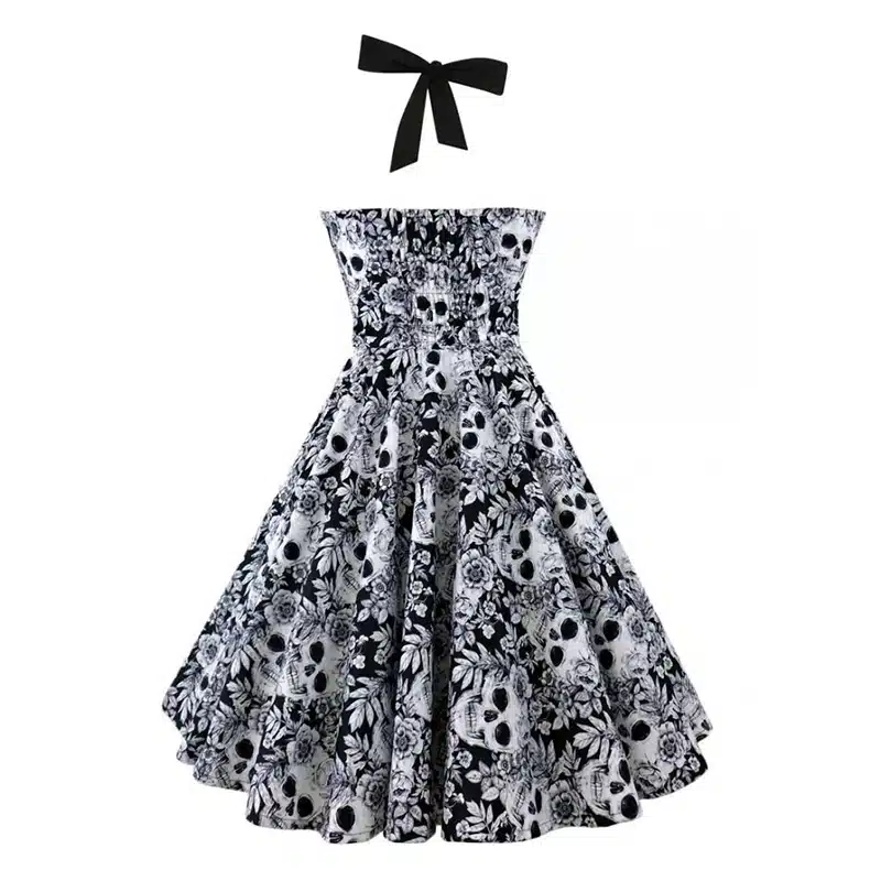 5XL Large size skull printed dress Women punk strapless halter party dresses Bowknot self gothic dress clothing Swing 1950s 60s 7