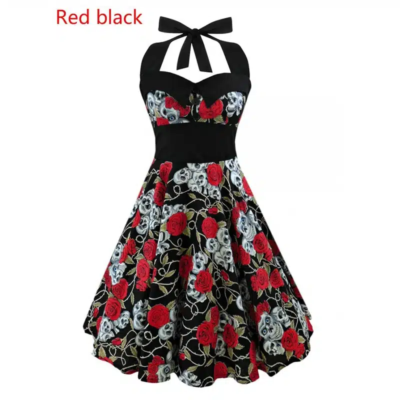 5XL Large size skull printed dress Women punk strapless halter party dresses Bowknot self gothic dress clothing Swing 1950s 60s 12