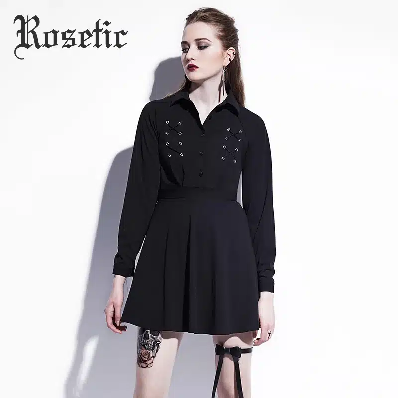Rosetic Gothic Mini Dress Black Lace-Up Women Autumn Casual Dress A-Line Button Lapel Fashion High Street Preppy Sexy Goth Dress 15