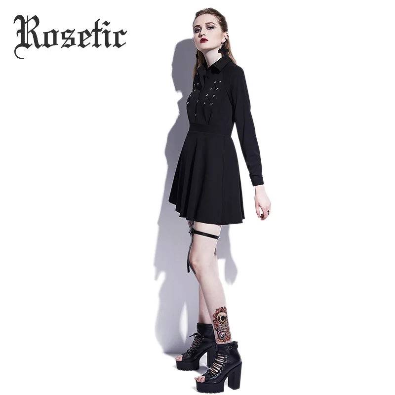 Rosetic Gothic Mini Dress Black Lace-Up Women Autumn Casual Dress A-Line Button Lapel Fashion High Street Preppy Sexy Goth Dress 16