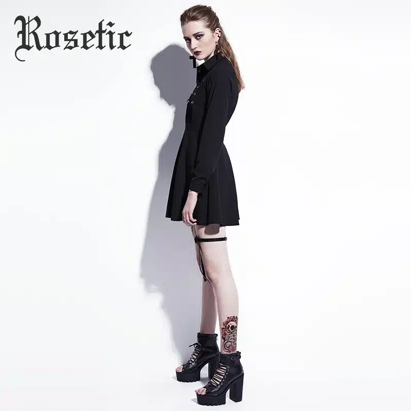 Rosetic Gothic Mini Dress Black Lace-Up Women Autumn Casual Dress A-Line Button Lapel Fashion High Street Preppy Sexy Goth Dress 17
