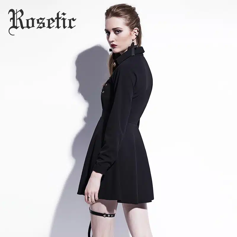 Rosetic Gothic Mini Dress Black Lace-Up Women Autumn Casual Dress A-Line Button Lapel Fashion High Street Preppy Sexy Goth Dress 18