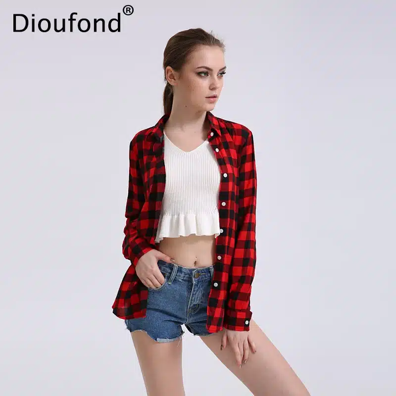 Dioufond Casual Plaid Women Blouses Red Black Check Boyfriend Style Long Sleeve Shirts Loose Camisa Tops Autumn Plus Size 2017 6