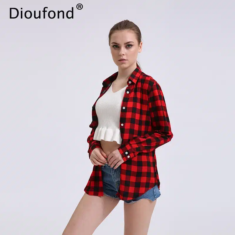 Dioufond Casual Plaid Women Blouses Red Black Check Boyfriend Style Long Sleeve Shirts Loose Camisa Tops Autumn Plus Size 2017 8