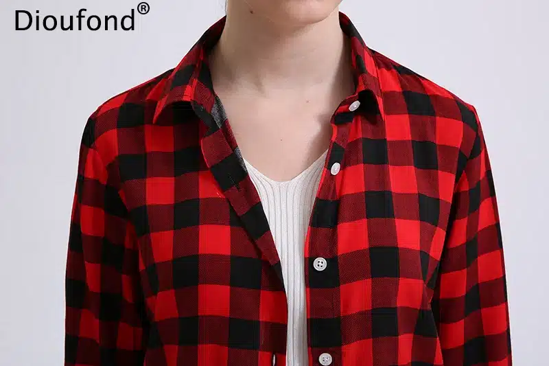 Dioufond Casual Plaid Women Blouses Red Black Check Boyfriend Style Long Sleeve Shirts Loose Camisa Tops Autumn Plus Size 2017 11