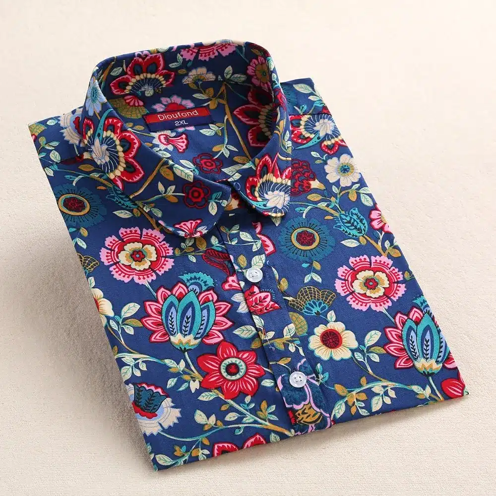Dioufond Summer Floral Blouse Shirt Women Long Sleeve Tops Cotton Shirts White Navy Blouses Small Flower Blusas Femininas 2016 14
