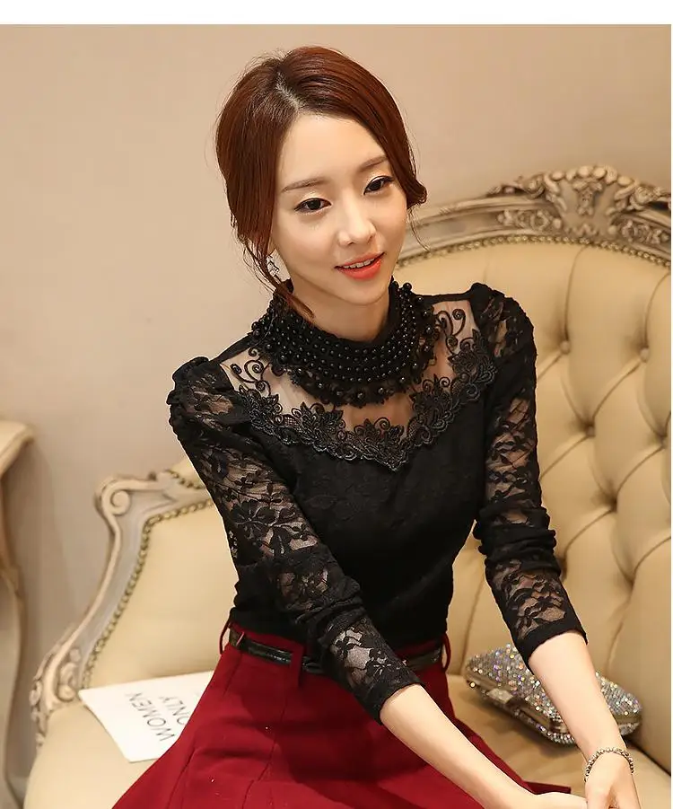 Dingaozlz elegant long sleeve bodysuit beaded Women lace blouse shirts crochet tops blusas Mesh Chiffon blouse female clothing 27