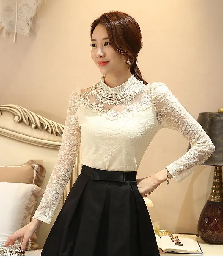 Dingaozlz elegant long sleeve bodysuit beaded Women lace blouse shirts crochet tops blusas Mesh Chiffon blouse female clothing 31