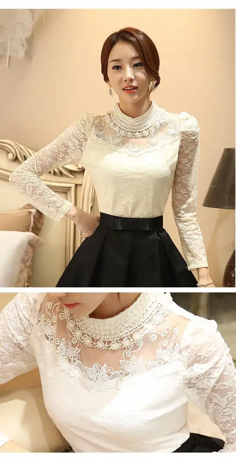 Dingaozlz elegant long sleeve bodysuit beaded Women lace blouse shirts crochet tops blusas Mesh Chiffon blouse female clothing 34
