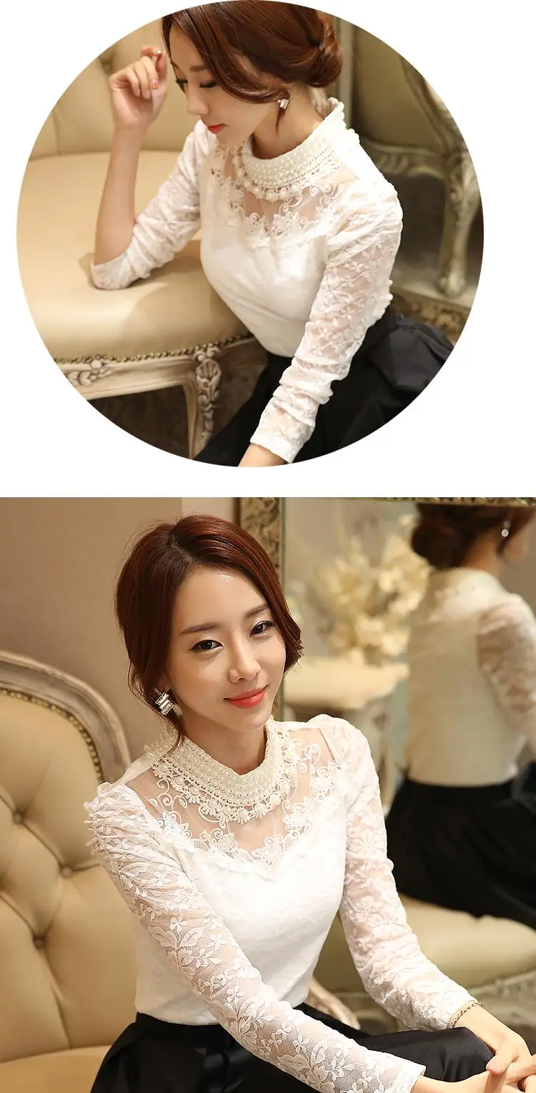 Dingaozlz elegant long sleeve bodysuit beaded Women lace blouse shirts crochet tops blusas Mesh Chiffon blouse female clothing 35