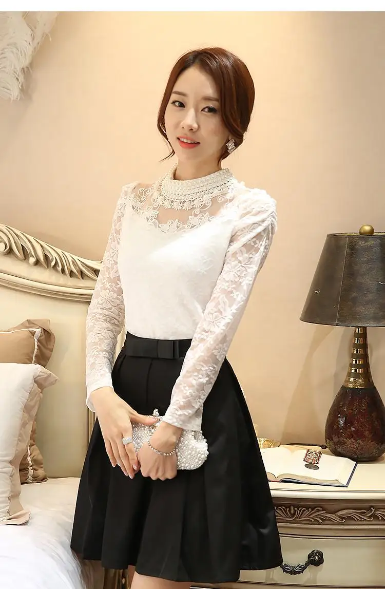 Dingaozlz elegant long sleeve bodysuit beaded Women lace blouse shirts crochet tops blusas Mesh Chiffon blouse female clothing 36