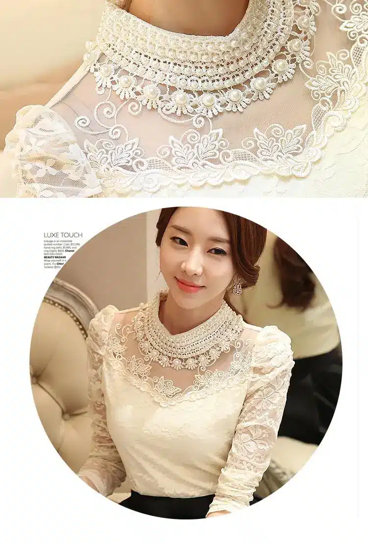 Dingaozlz elegant long sleeve bodysuit beaded Women lace blouse shirts crochet tops blusas Mesh Chiffon blouse female clothing 38