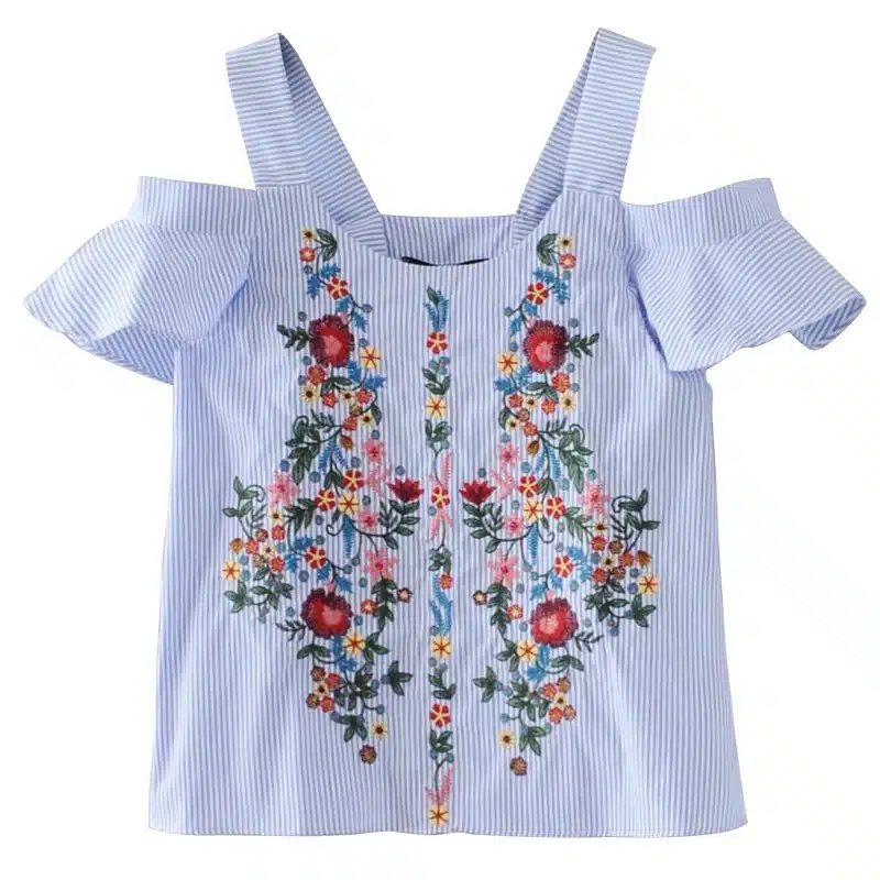 off shouder floral embroidery striped shirts Women's blouses sweet ruffles short sleeve blouse ladies casual brand tops blusas 11