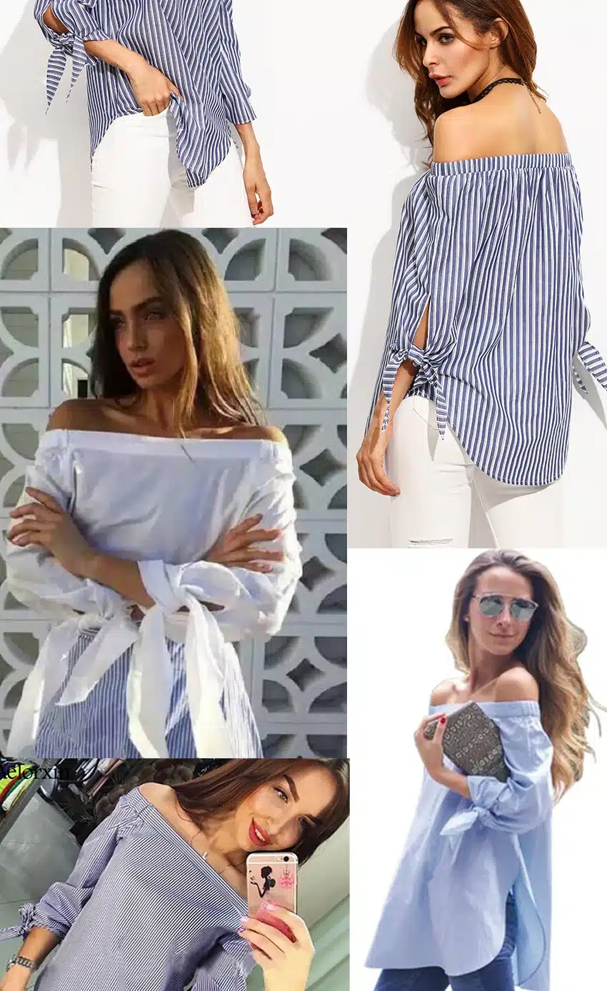 Women Blouse Elegant Bow Blue Off Shoulder Female Blouse Shirt Sexy Summer 2017 Girls White blouse Women Tops Striped Blusas 3XL 9