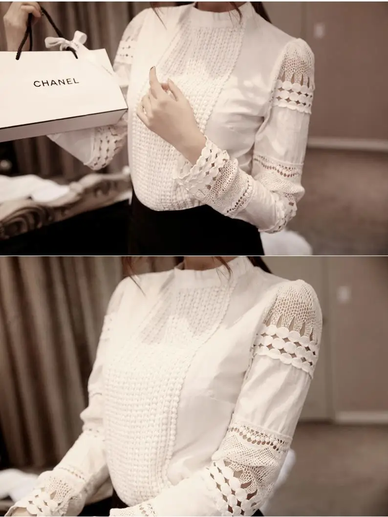 S-5XL Autumn Women's Shirts White Long-sleeved Blouses Slim Basic Tops Plus Size Hollow Lace Shirts Female High Quality J2531 11