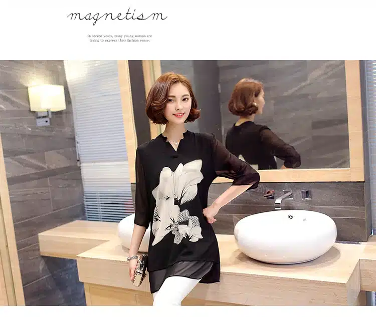 2016 Hot sale women chiffon Blouse large size Casual black Chiffon Floral Print V Neck long Sleeve Elegant shirts women 60C 25 19