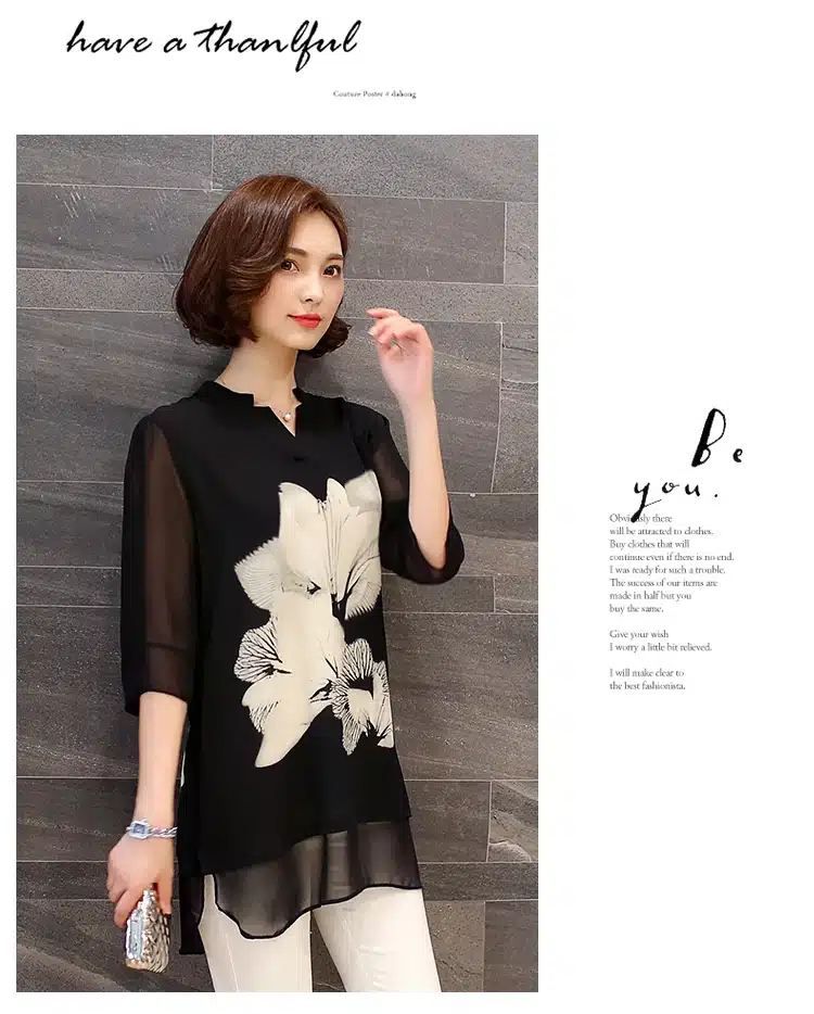 2016 Hot sale women chiffon Blouse large size Casual black Chiffon Floral Print V Neck long Sleeve Elegant shirts women 60C 25 21