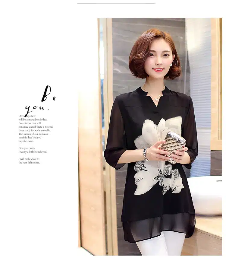2016 Hot sale women chiffon Blouse large size Casual black Chiffon Floral Print V Neck long Sleeve Elegant shirts women 60C 25 22