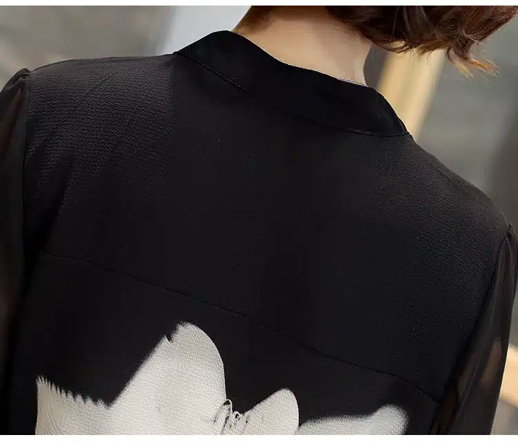 2016 Hot sale women chiffon Blouse large size Casual black Chiffon Floral Print V Neck long Sleeve Elegant shirts women 60C 25 26
