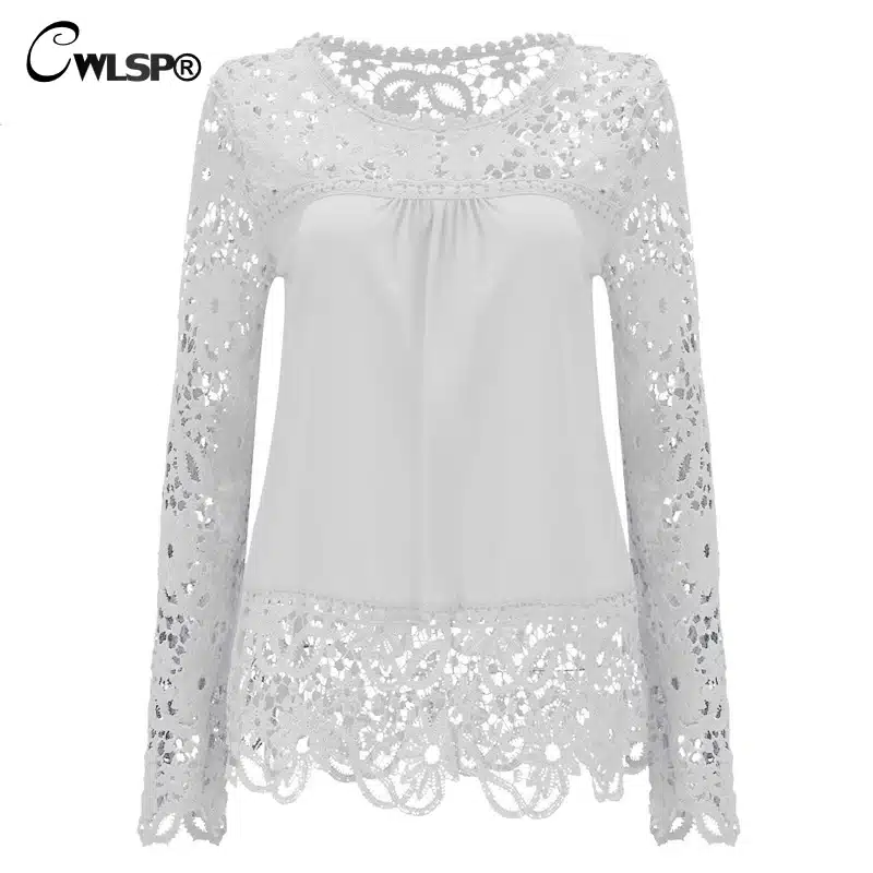 CWLSP Plus size Women Chiffon Blouses Shirts Long Sleeve Tops Lace Blouses Hollow out Crochet Blusas Femininas 2017 Fashion 18