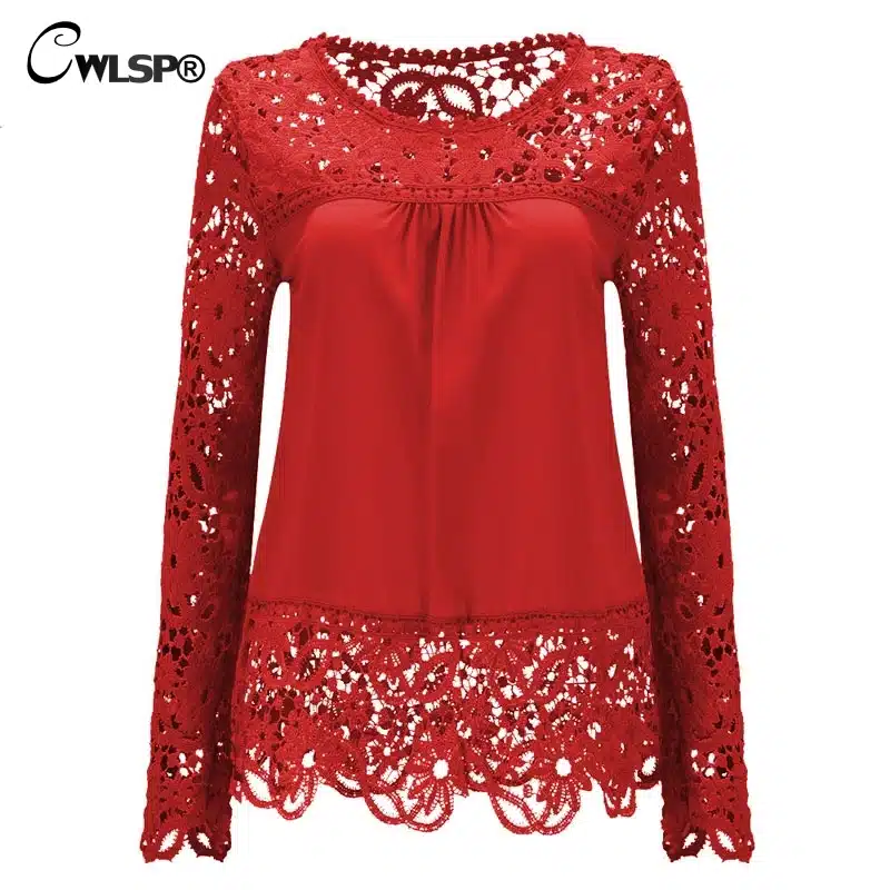 CWLSP Plus size Women Chiffon Blouses Shirts Long Sleeve Tops Lace Blouses Hollow out Crochet Blusas Femininas 2017 Fashion 20