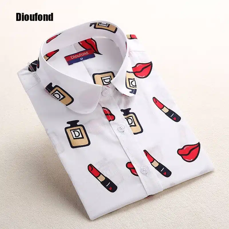 Dioufond White Navy Lips Print Women Blouses Long Sleeve Ladies Office Blouse Shirt Casual Button Down Blusa 2017 Spring 11