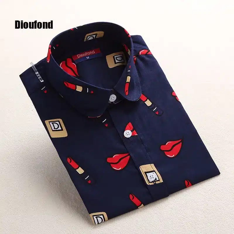 Dioufond White Navy Lips Print Women Blouses Long Sleeve Ladies Office Blouse Shirt Casual Button Down Blusa 2017 Spring 12