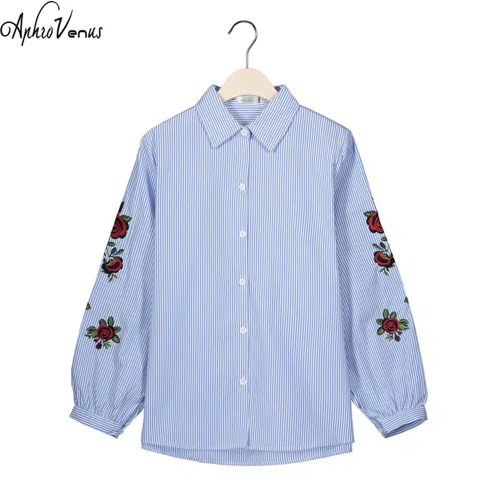 Rose Floral Embroidery Striped Blouse Women Long Sleeve Shirt Casual Cotton Blusa Plus Size kimono Tops Office Lady Blusas 2017 7