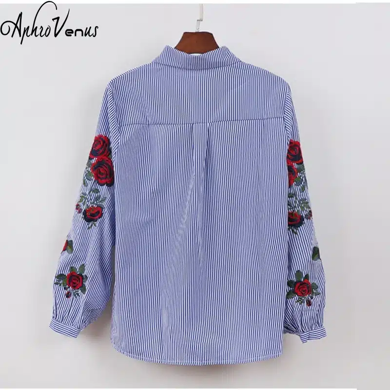Rose Floral Embroidery Striped Blouse Women Long Sleeve Shirt Casual Cotton Blusa Plus Size kimono Tops Office Lady Blusas 2017 9