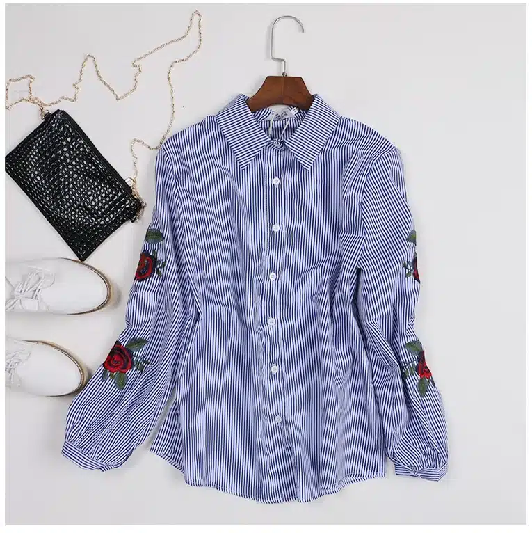 Rose Floral Embroidery Striped Blouse Women Long Sleeve Shirt Casual Cotton Blusa Plus Size kimono Tops Office Lady Blusas 2017 10