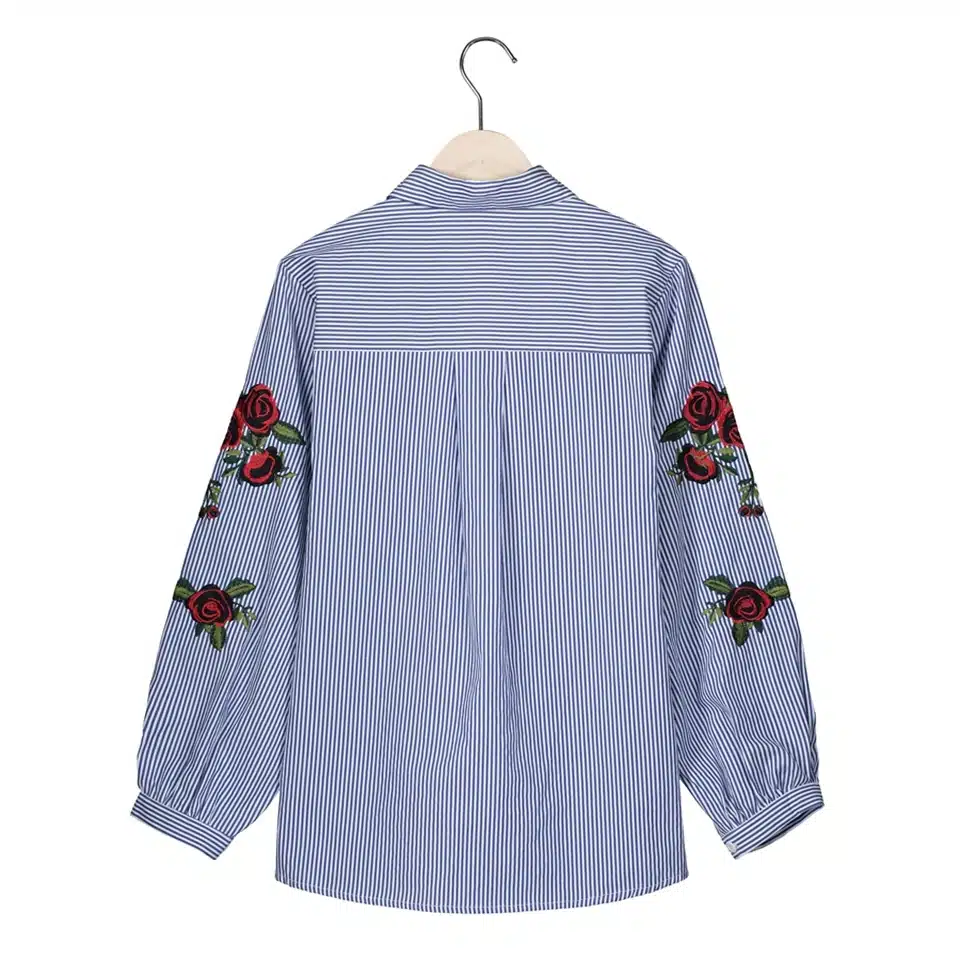 Rose Floral Embroidery Striped Blouse Women Long Sleeve Shirt Casual Cotton Blusa Plus Size kimono Tops Office Lady Blusas 2017 11