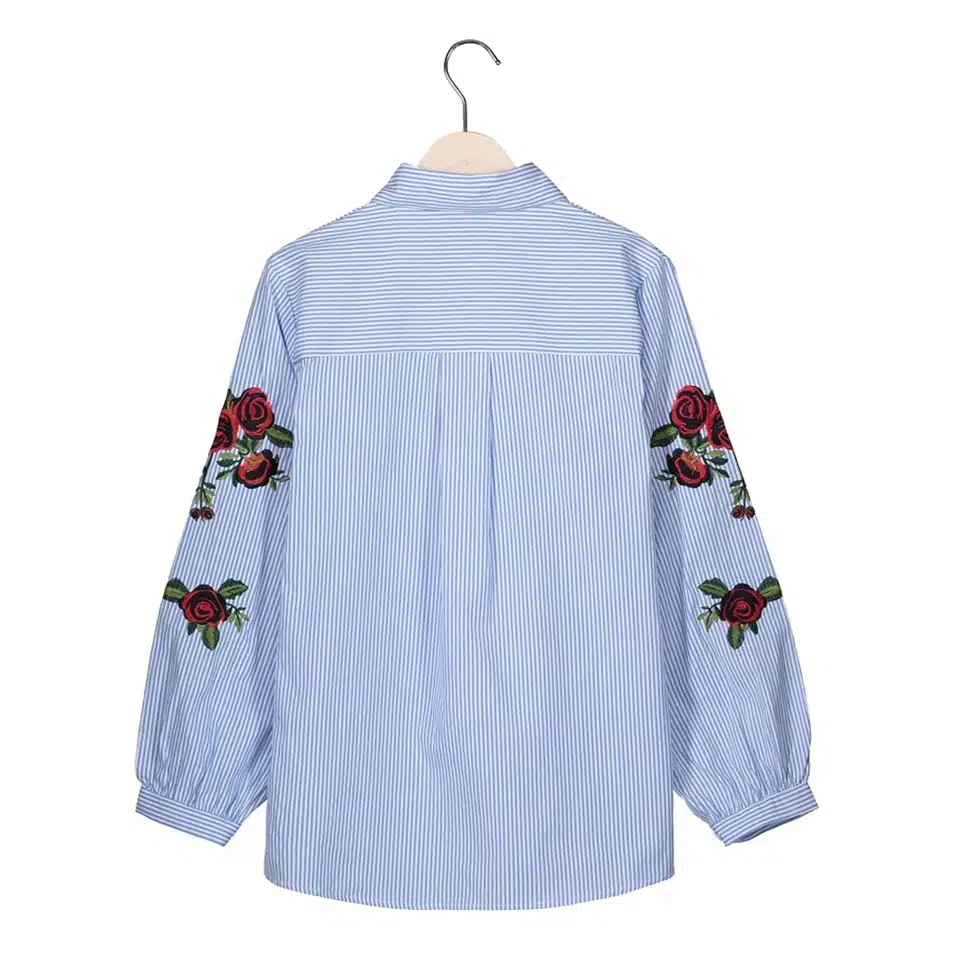 Rose Floral Embroidery Striped Blouse Women Long Sleeve Shirt Casual Cotton Blusa Plus Size kimono Tops Office Lady Blusas 2017 13