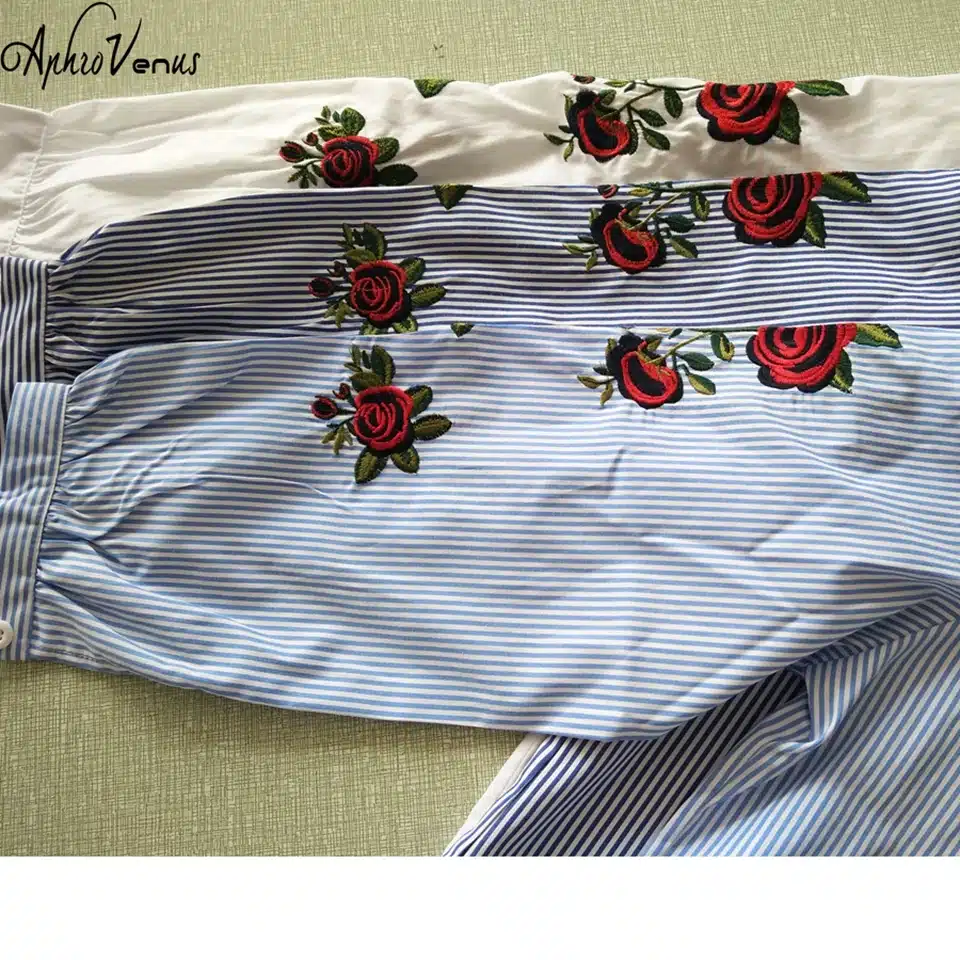 Rose Floral Embroidery Striped Blouse Women Long Sleeve Shirt Casual Cotton Blusa Plus Size kimono Tops Office Lady Blusas 2017 18