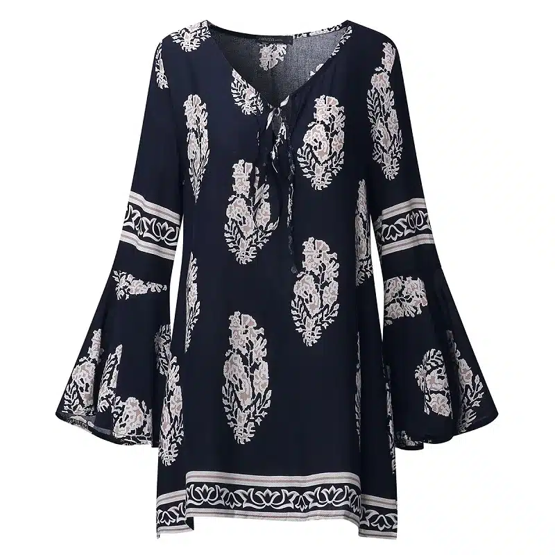 ZANZEA 2017 Womens Boho Lace-Up V-Neck Shirt Big Size Floral Print Flare Sleeve Casual Loose Beach Tops Blouse Plus Size 13