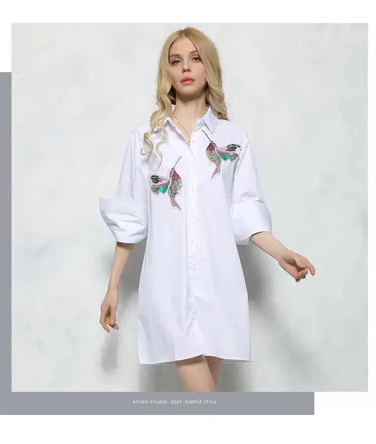 New arrival 2018 Women Bird Embroidered Blouse Shirts fashion Long sleeve high quality turn down collar Spring Fall female Shirt 12