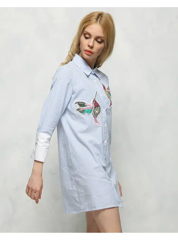 New arrival 2018 Women Bird Embroidered Blouse Shirts fashion Long sleeve high quality turn down collar Spring Fall female Shirt 17