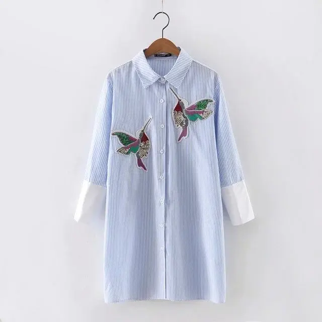 New arrival 2018 Women Bird Embroidered Blouse Shirts fashion Long sleeve high quality turn down collar Spring Fall female Shirt 19