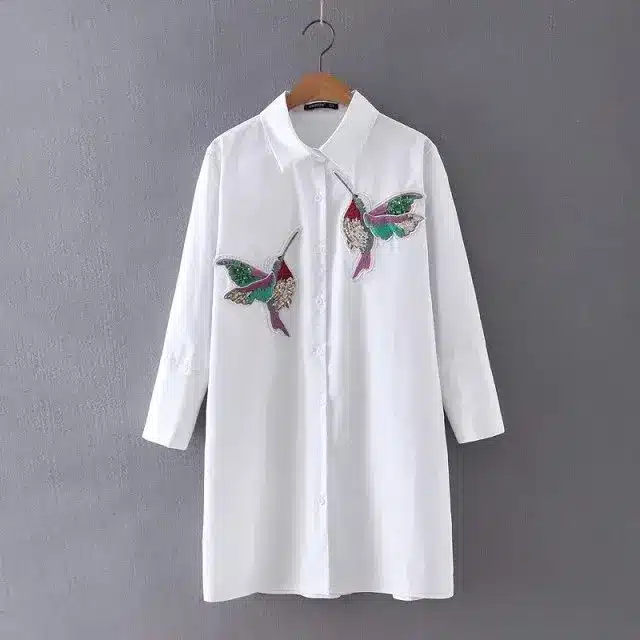 New arrival 2018 Women Bird Embroidered Blouse Shirts fashion Long sleeve high quality turn down collar Spring Fall female Shirt 20