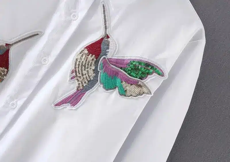 New arrival 2018 Women Bird Embroidered Blouse Shirts fashion Long sleeve high quality turn down collar Spring Fall female Shirt 23