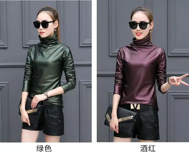 Plus size women blouse fashion elegent Turtleneck long sleeve shirt female tops 2018 autumn winter pu Leather blusas femininas 11