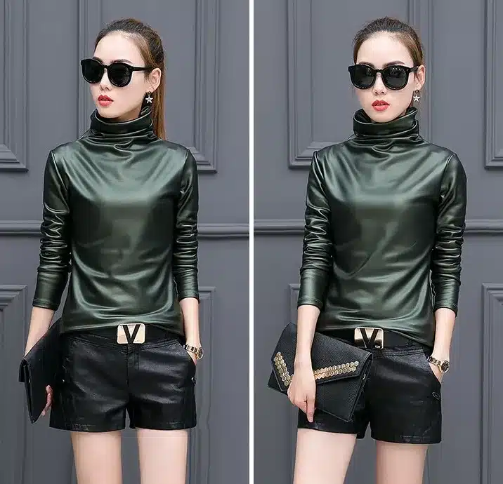 Plus size women blouse fashion elegent Turtleneck long sleeve shirt female tops 2018 autumn winter pu Leather blusas femininas 14