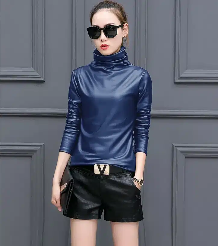 Plus size women blouse fashion elegent Turtleneck long sleeve shirt female tops 2018 autumn winter pu Leather blusas femininas 15