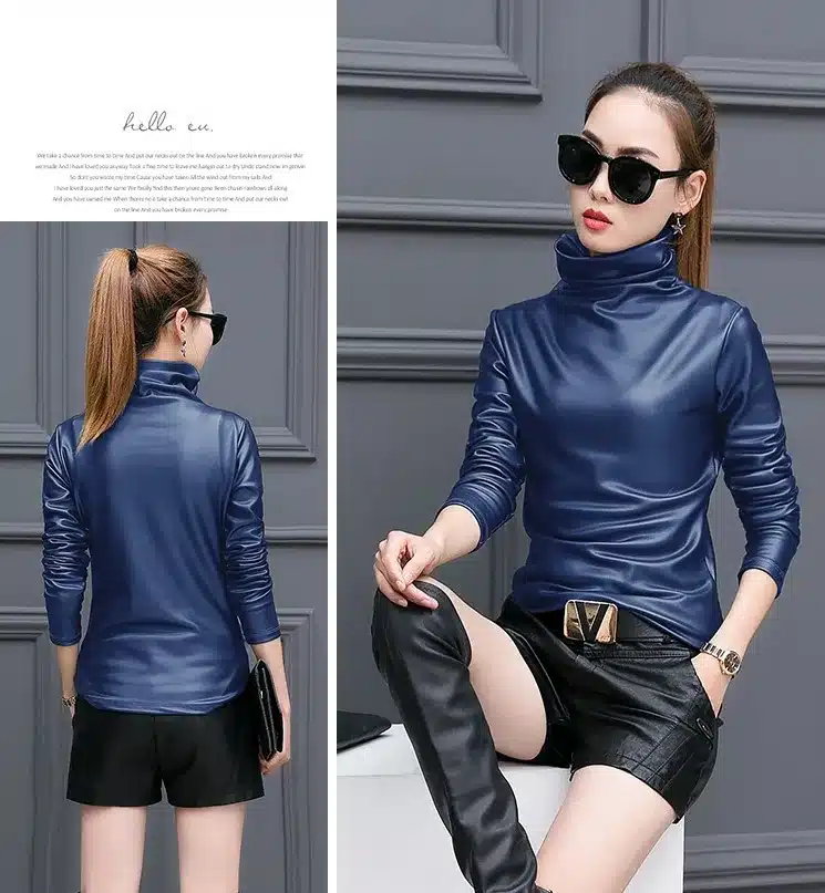 Plus size women blouse fashion elegent Turtleneck long sleeve shirt female tops 2018 autumn winter pu Leather blusas femininas 16