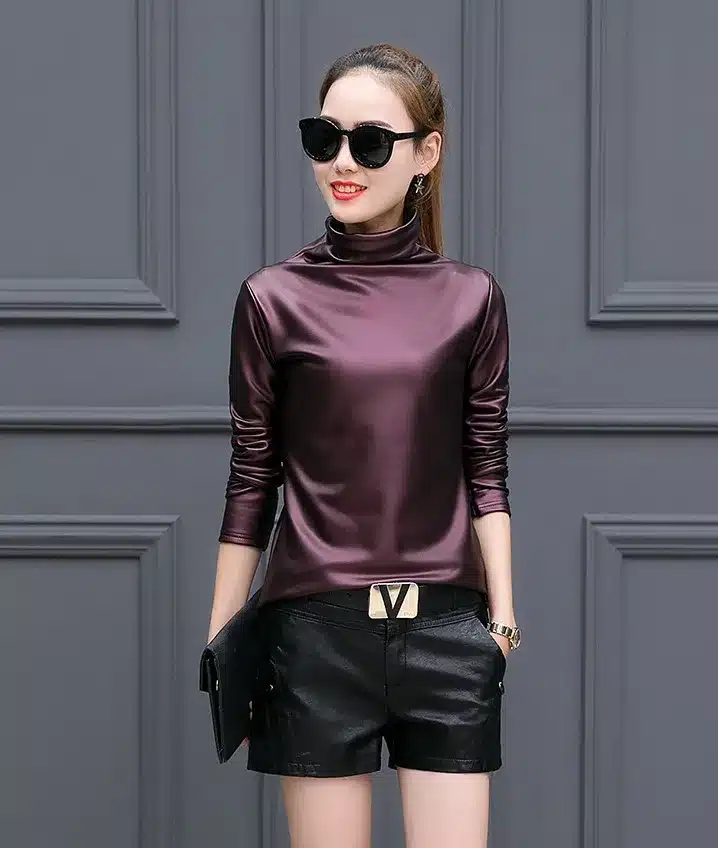 Plus size women blouse fashion elegent Turtleneck long sleeve shirt female tops 2018 autumn winter pu Leather blusas femininas 17